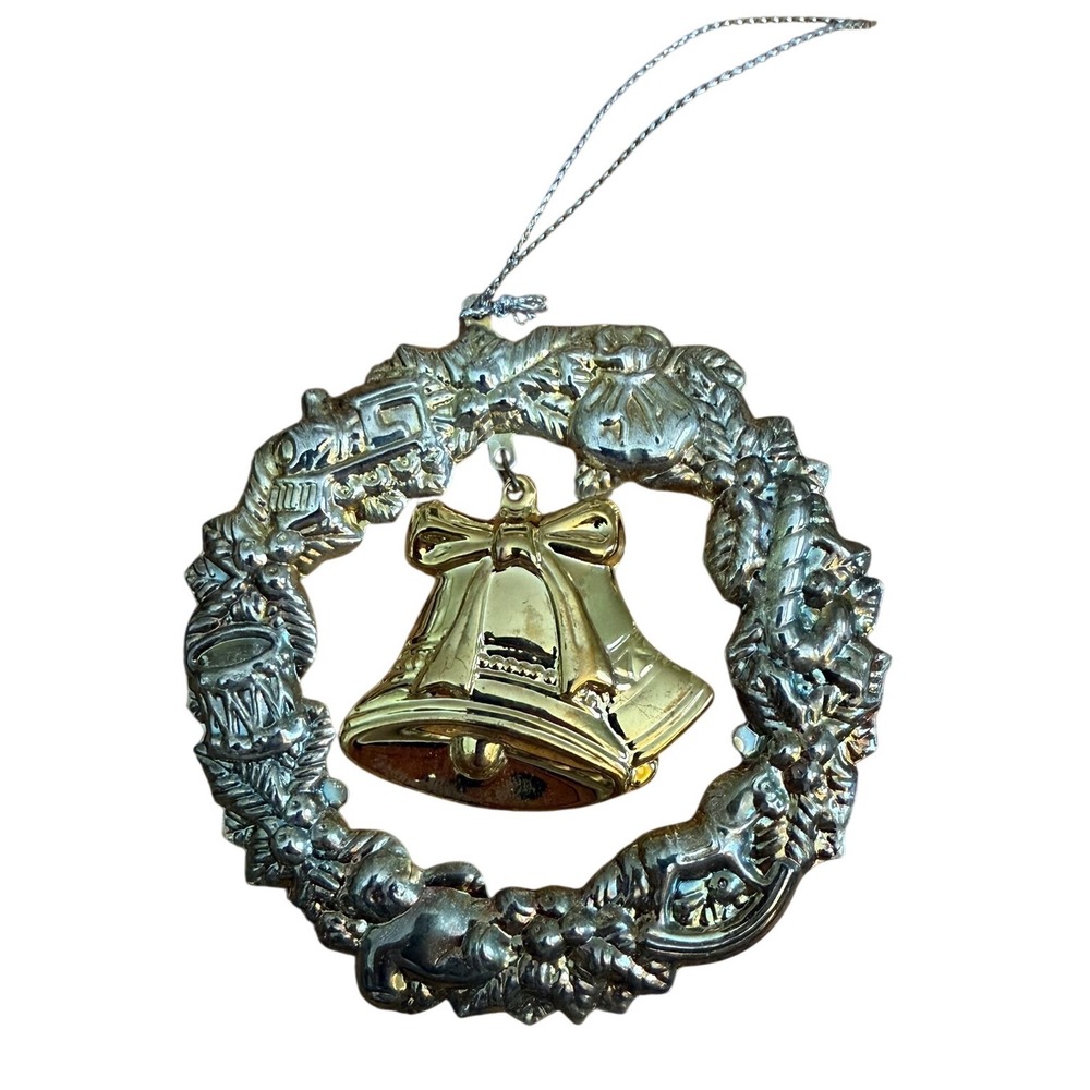Vintage Silver Wreath Gold Bells Christmas Ornament Toy Motifs Train Horse